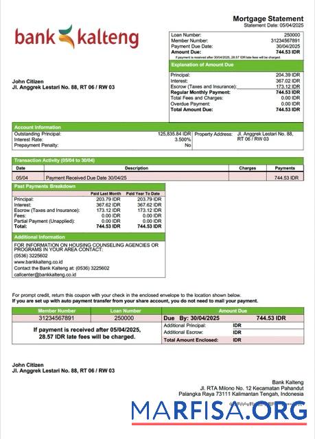 Blank Indonesia Bank Kalteng mortgage statement Word and PDF template